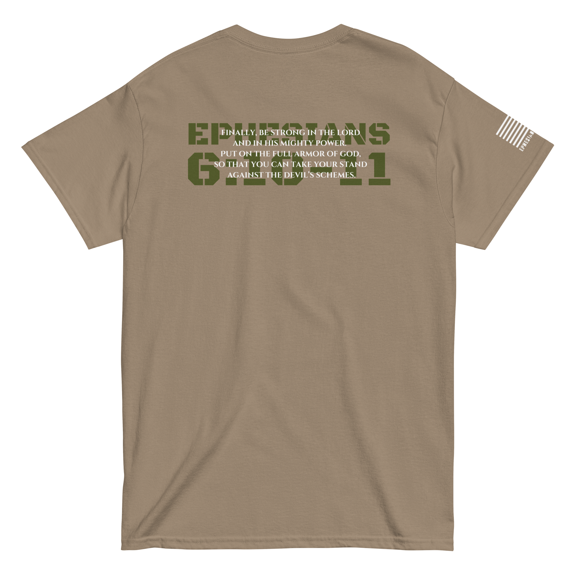 Ephesians 6:10 tee from FFO’s Narrow Path Collection — minimalist back print with ‘Be strong in the Lord and in his mighty power,’ symbolizing spiritual resilience and divine strength.”